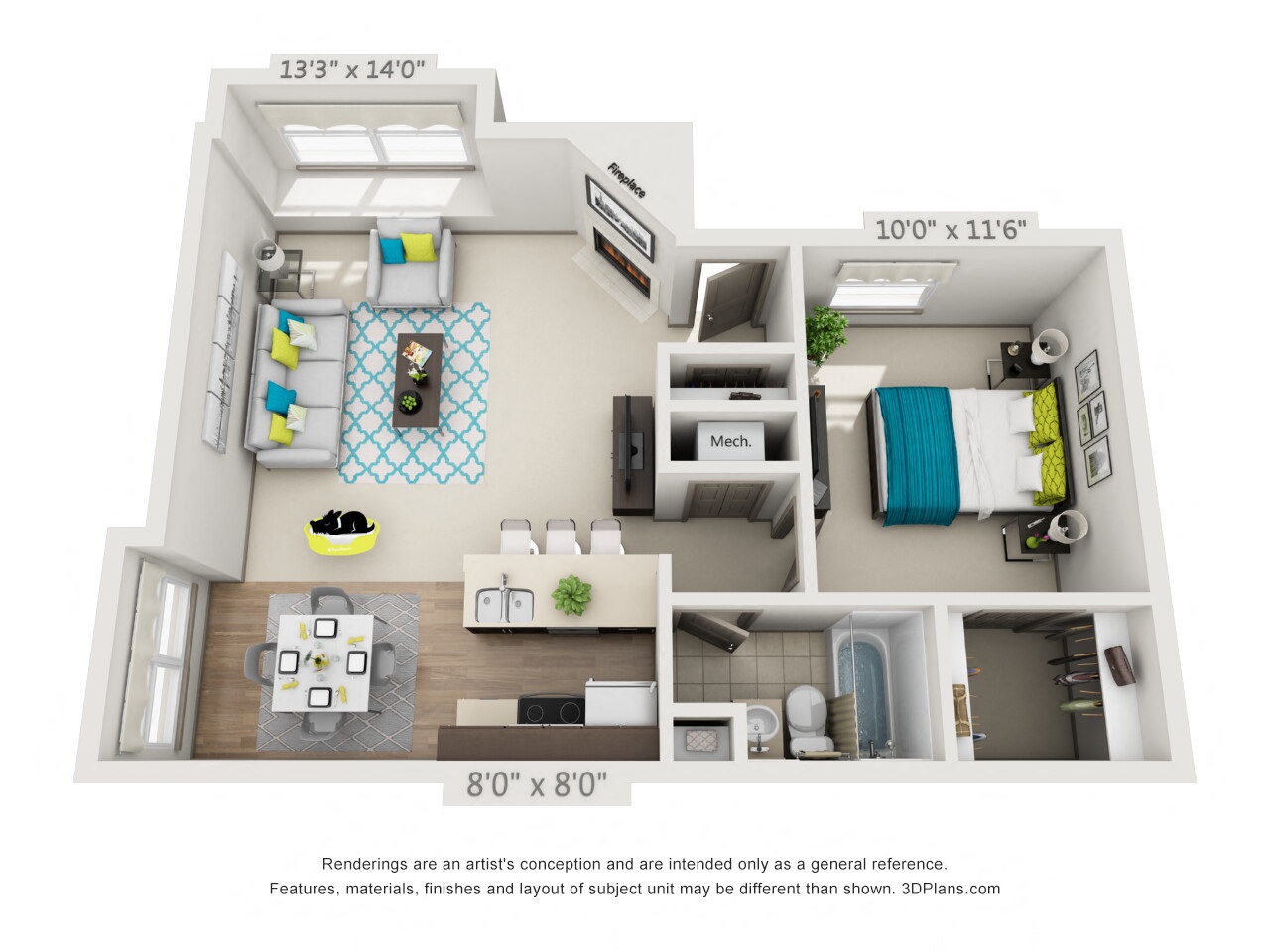 Floor plan for 1 bed, 1 bath, 632 sqft